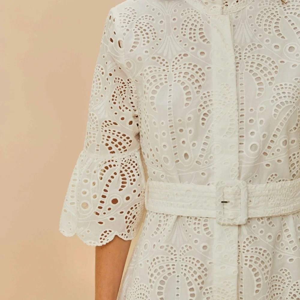 Farm Rio White Richelieu Eyelet Belted Mini Dress XS Embroidered Boho Ruffle - Picture 2 of 12